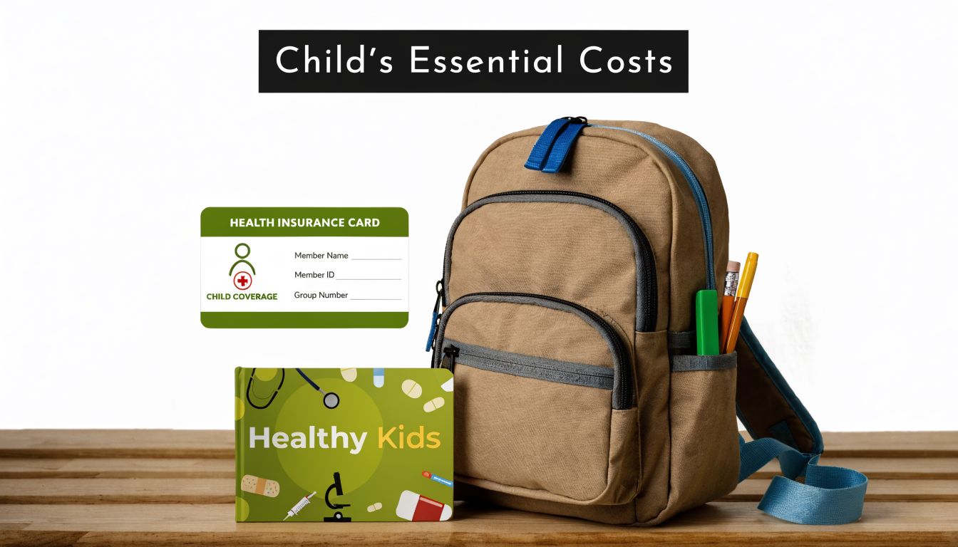 A brown backpack, a health insurance card, and a book titled Healthy Kids on a wooden surface.