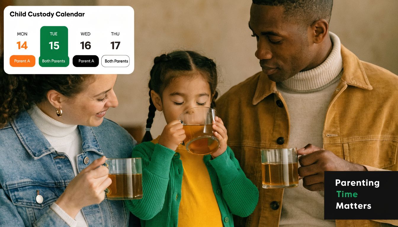 A family sharing tea together with an overlay graphic displaying a weekly child custody parenting schedule.