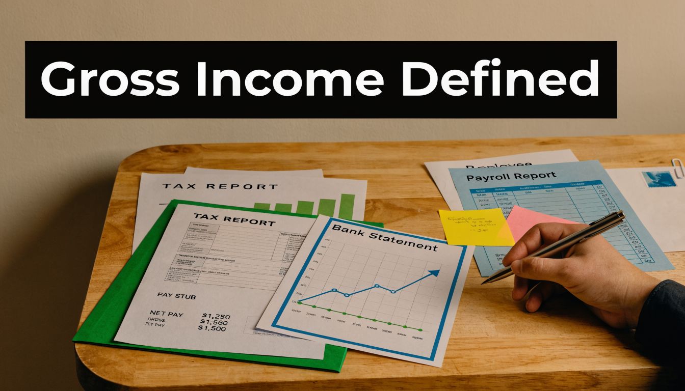 A workspace with financial documents, tax reports, and payroll statements illustrating the calculation of gross income.