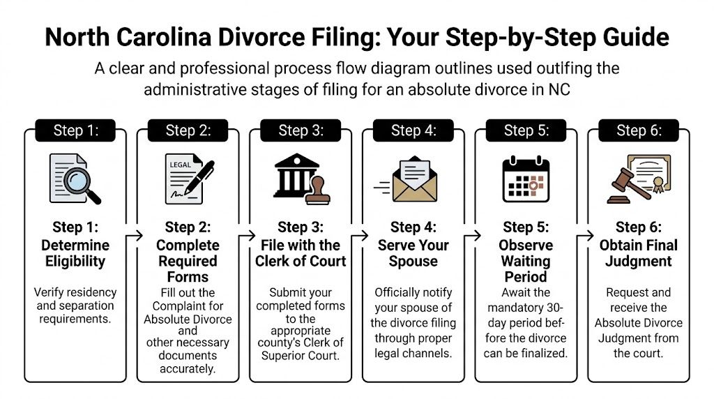 A six-step infographic guide detailing the legal process for filing for an absolute divorce in North Carolina.