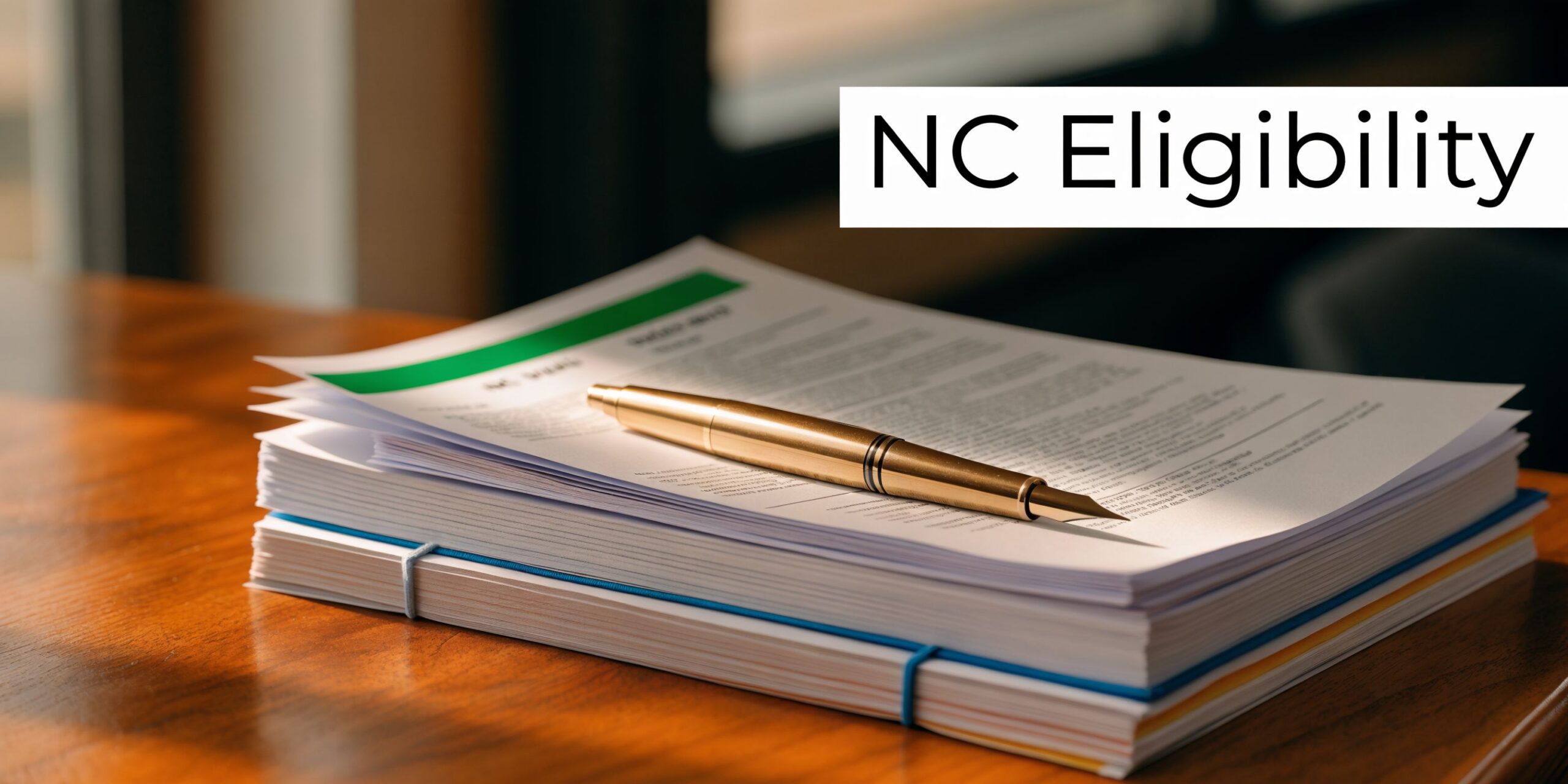 A stack of legal documents with a golden fountain pen resting on top on a wooden table.