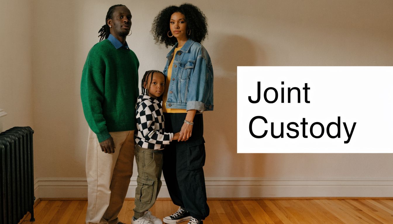 A Black family including a father, mother, and child standing together in a room.
