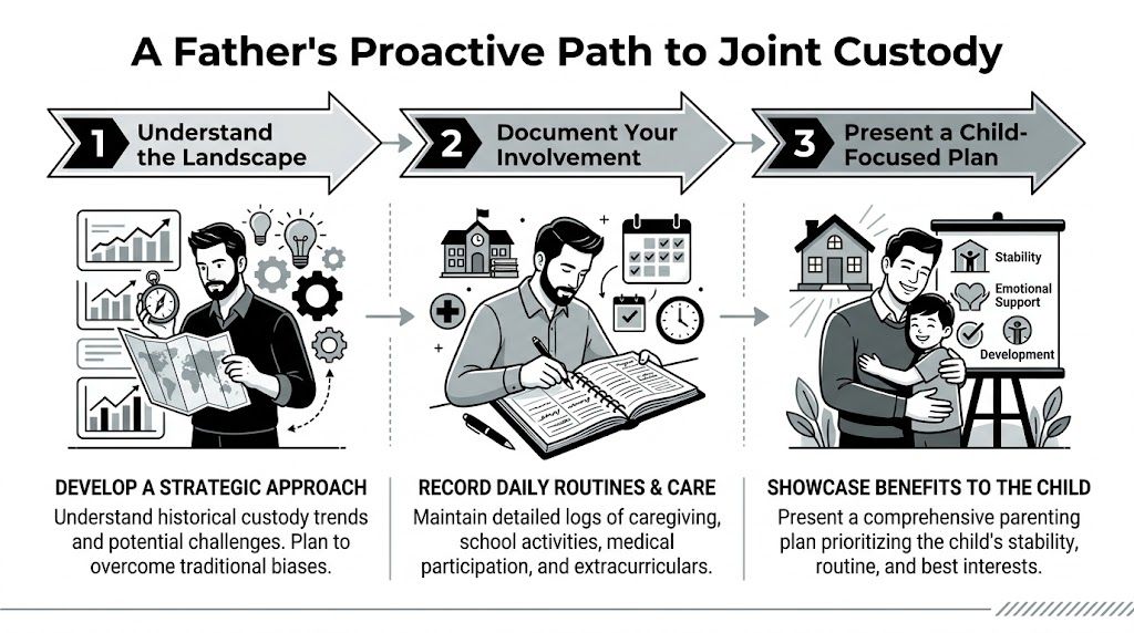 An infographic titled A Father's Proactive Path to Joint Custody, illustrating three steps for fathers to gain custody.