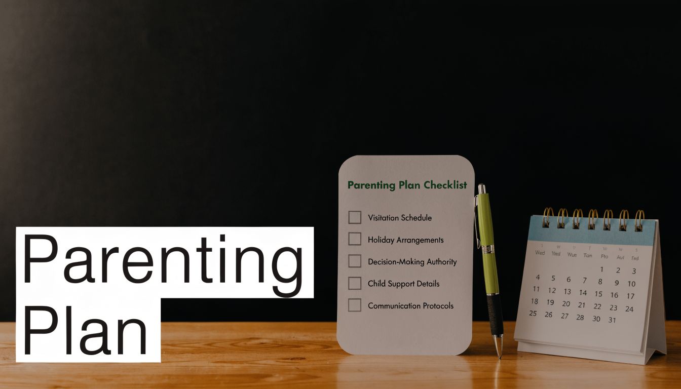 A checklist for a parenting plan sits on a wooden table next to a desk calendar.