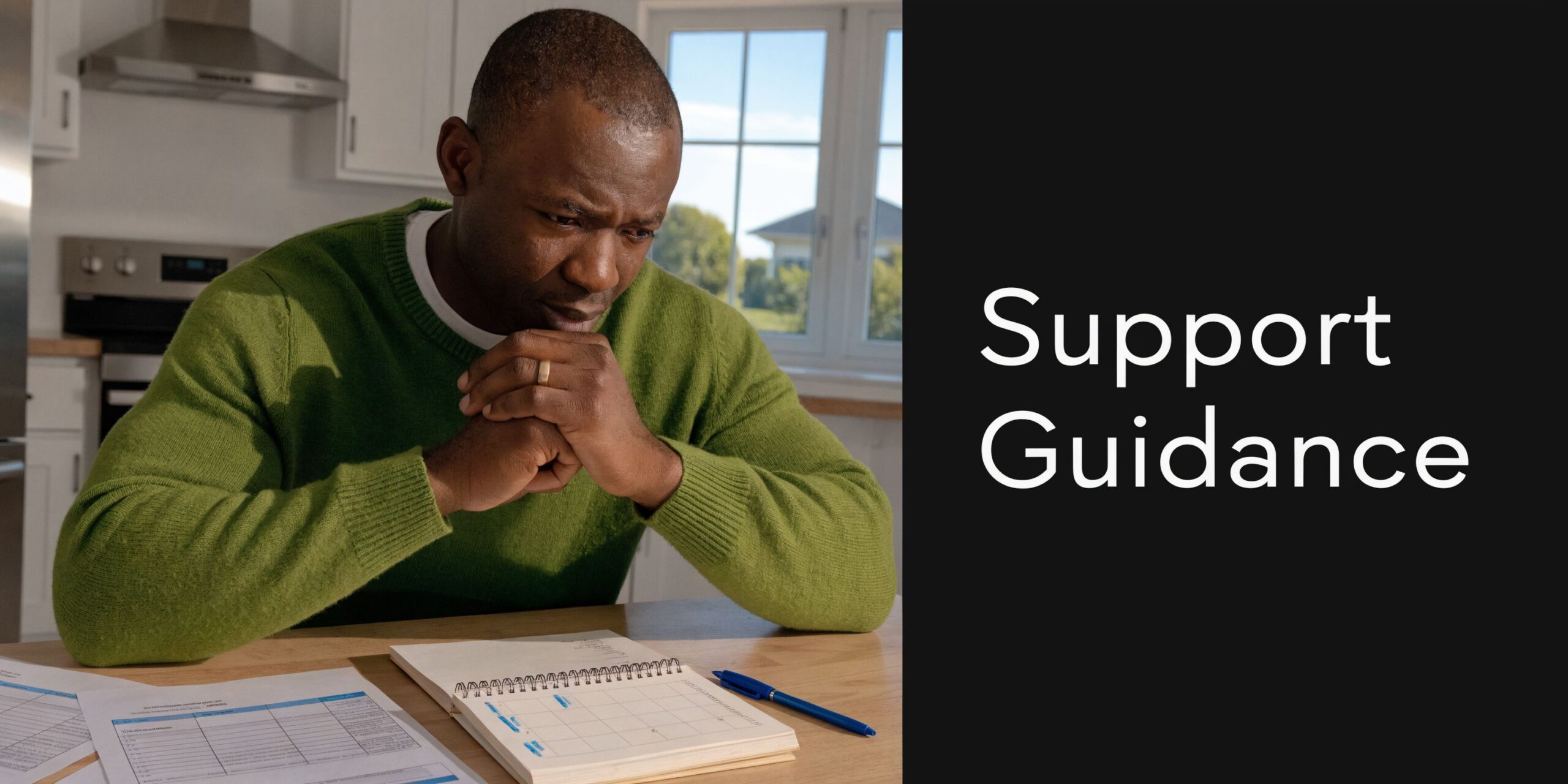 A man in a green sweater looks thoughtfully at his calendar and paperwork while sitting at home.