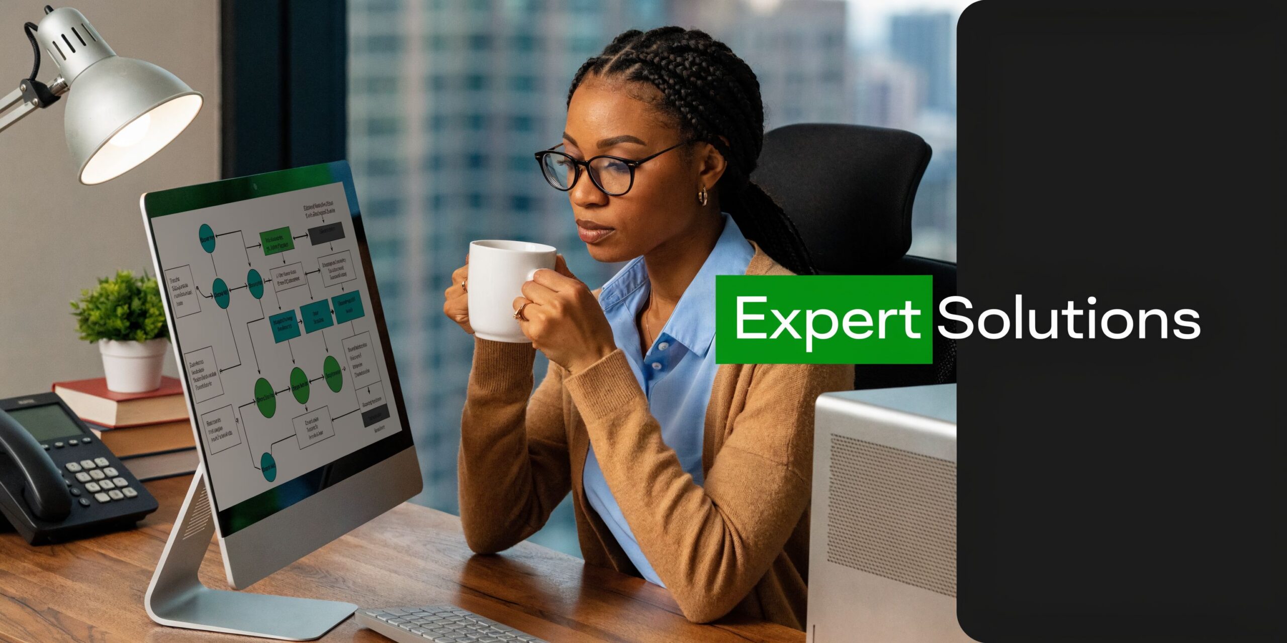 A professional woman drinking coffee while reviewing a complex flowchart on her computer screen at an office.