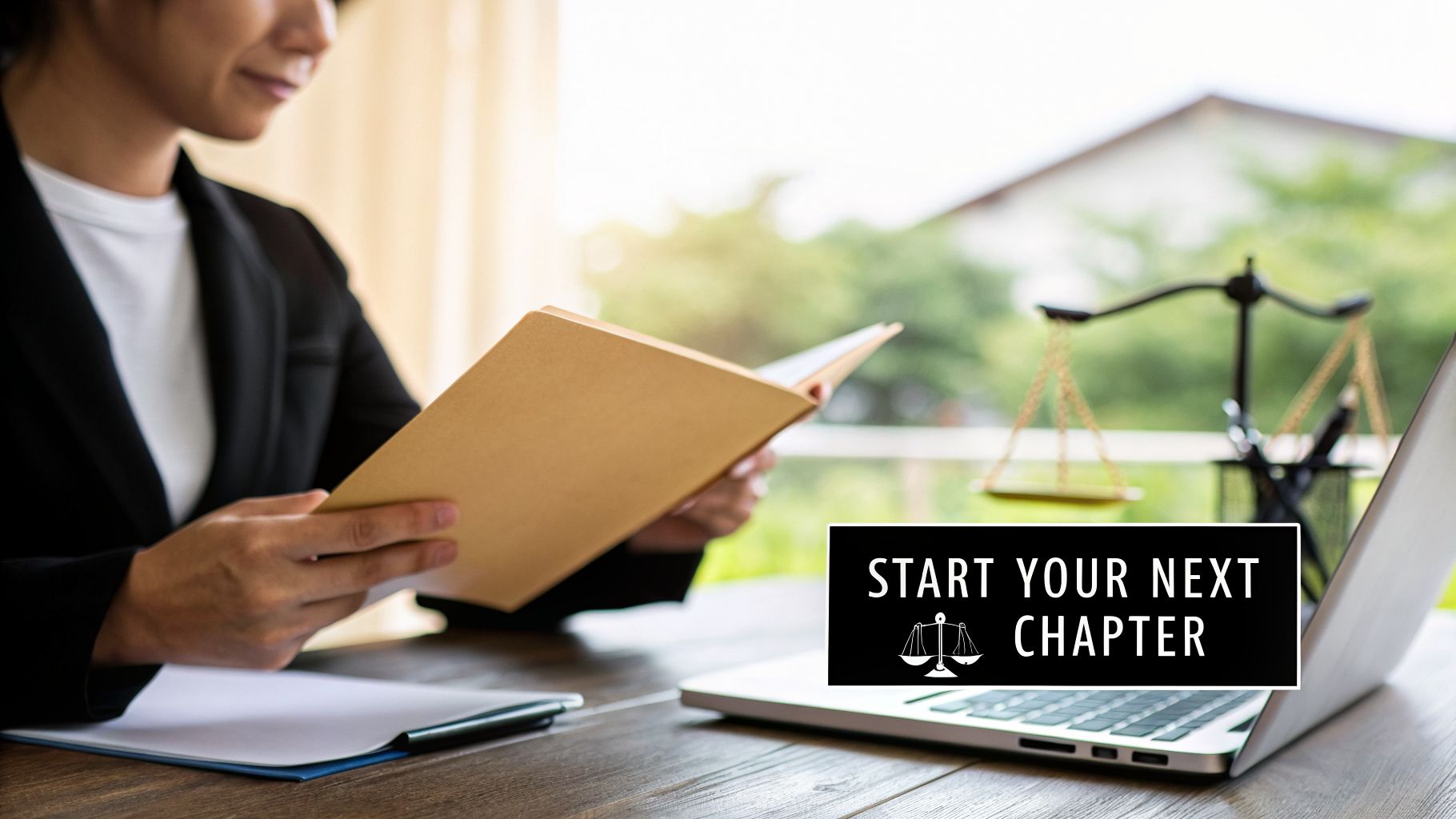 A lawyer reviews documents at a desk with a laptop and scales of justice, text says 'Start your next chapter'.