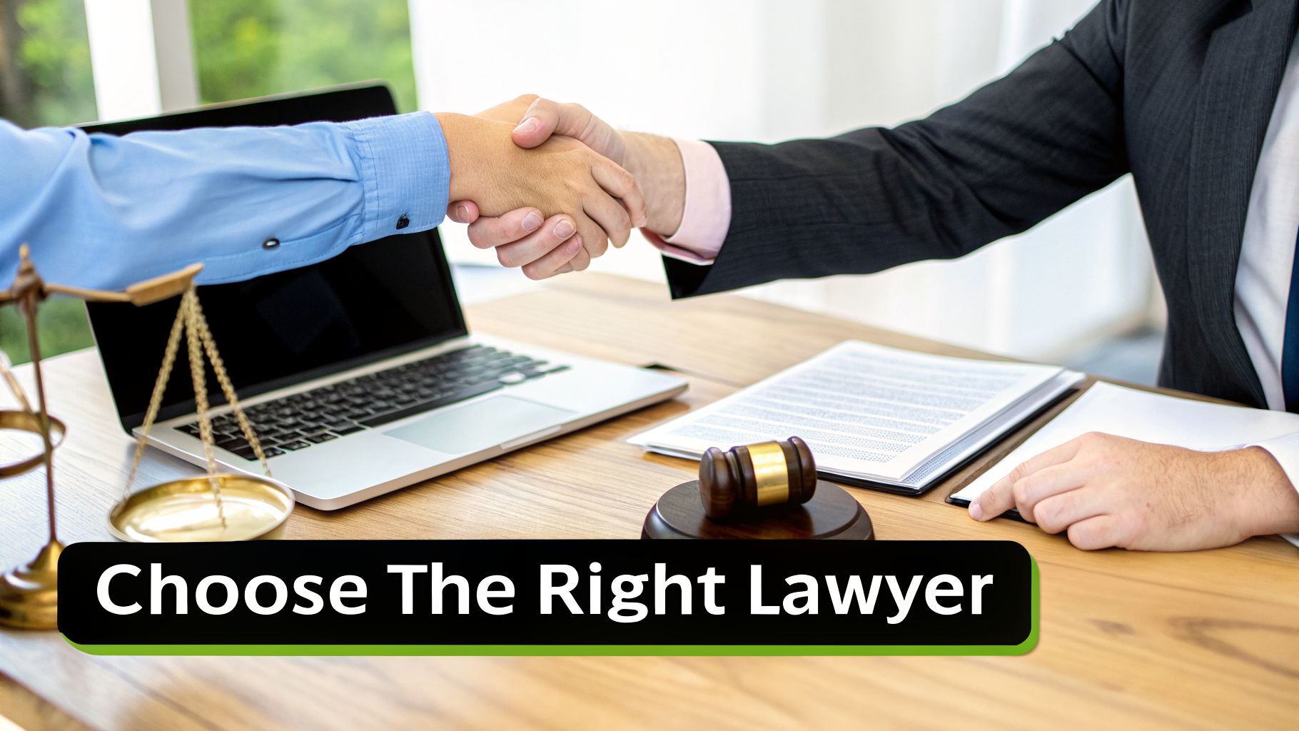 Two men shaking hands across a table with a laptop, legal scales, and gavel, signifying a legal agreement.