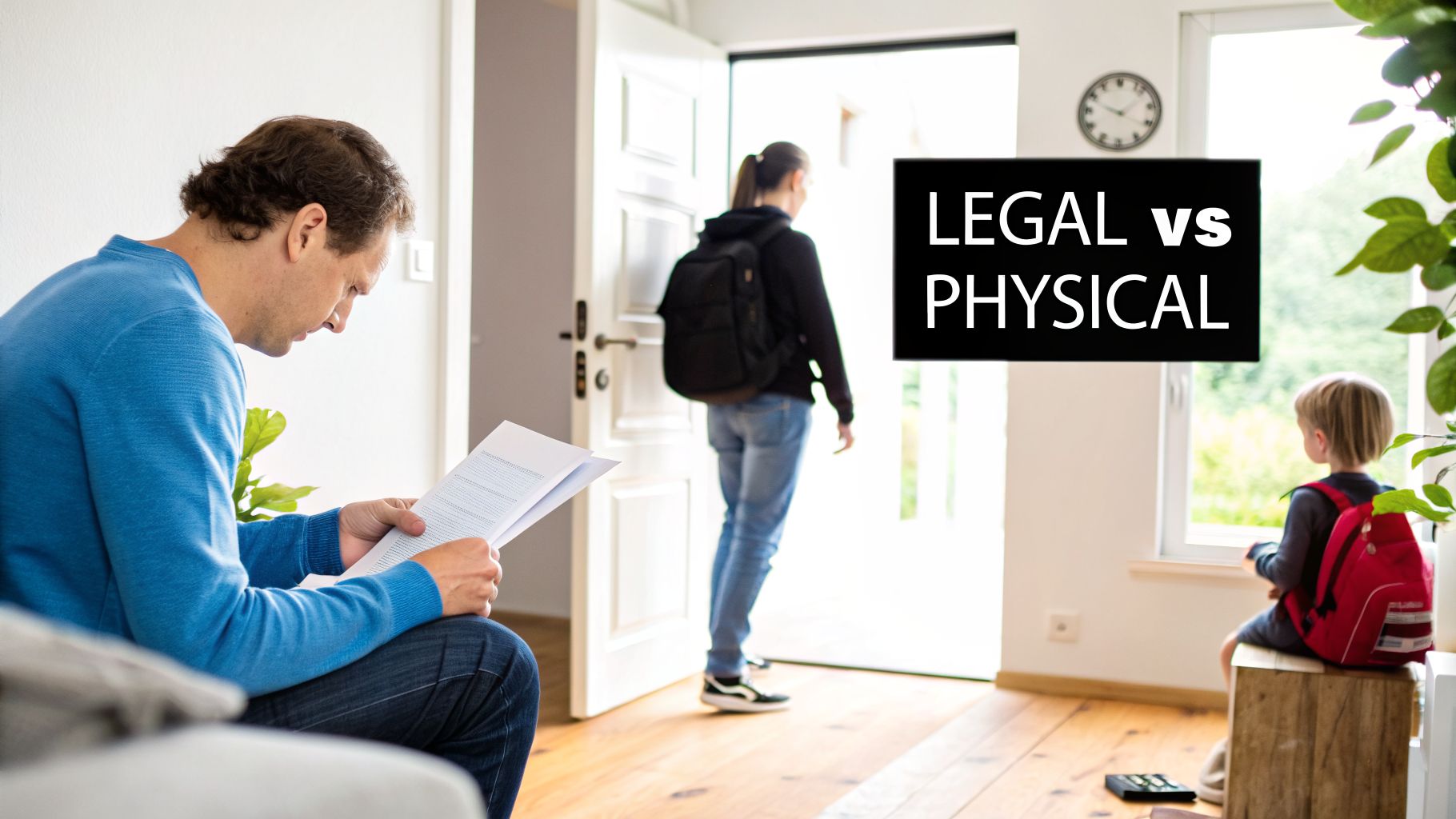 A man reads documents while a person leaves and a child looks out a window, illustrating legal vs physical custody.