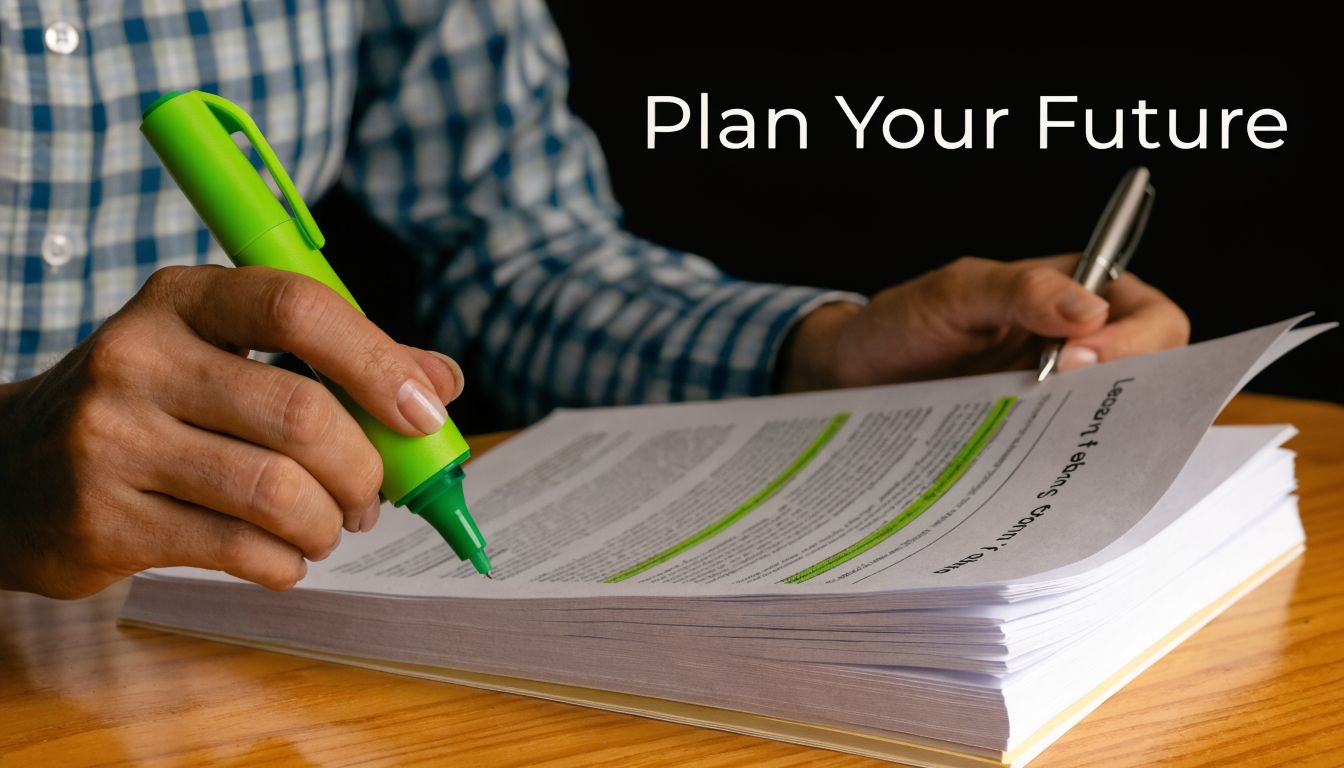 A person in a checkered shirt carefully highlighting text on a document, symbolizing future planning.