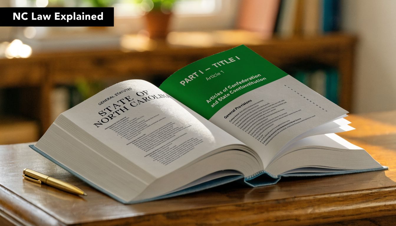 An open law book titled State of North Carolina resting on a wooden table with a gold pen.