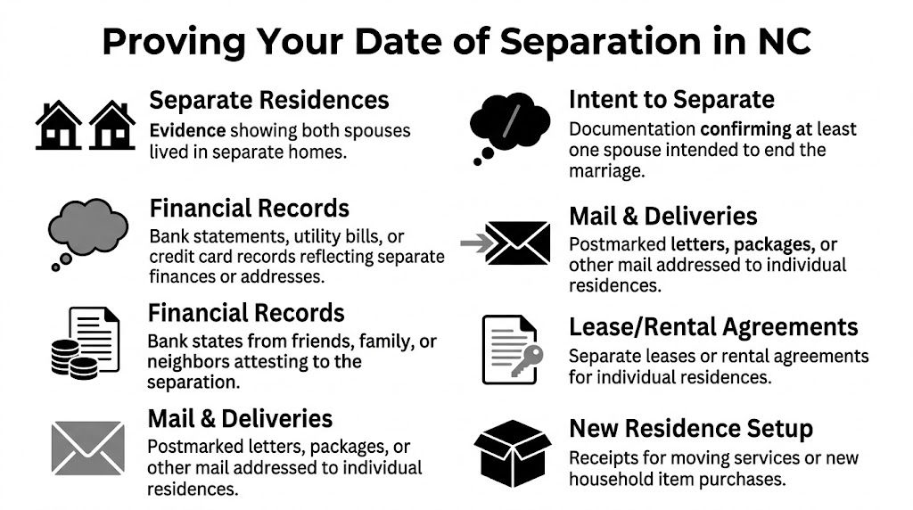 A guide listing methods to provide evidence of a date of separation for legal purposes in North Carolina.