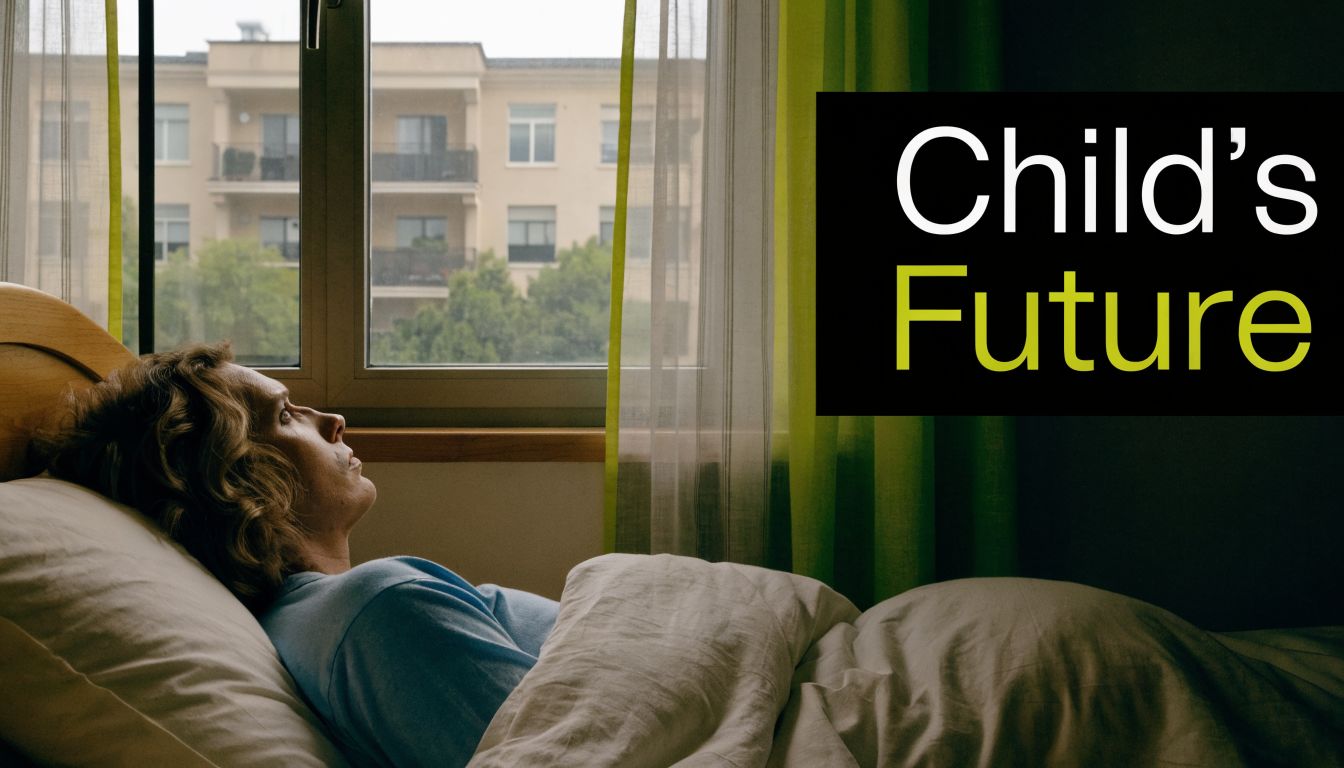 A person lying in bed looking out of a window with the text Child's Future displayed.