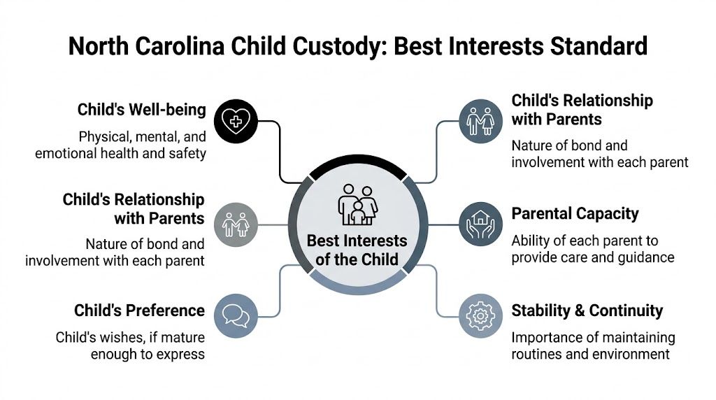 An infographic detailing the factors considered in North Carolina child custody cases under the best interests standard.