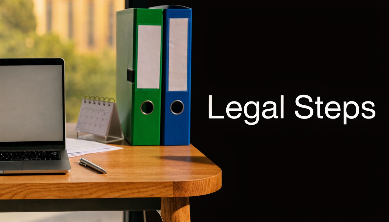 A professional office desk featuring a laptop, binders, and a calendar against a dark background.