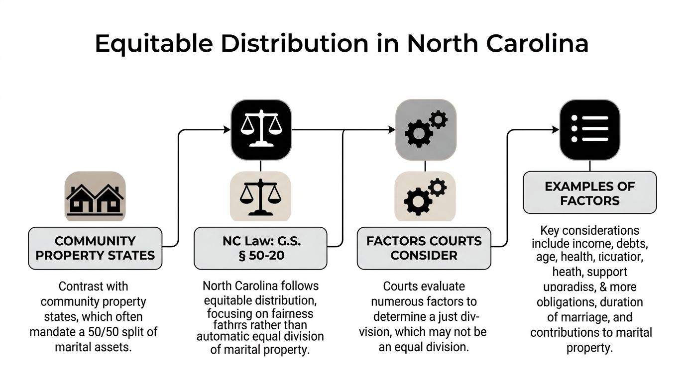 An infographic titled Equitable Distribution in North Carolina outlining the legal process for dividing marital property.
