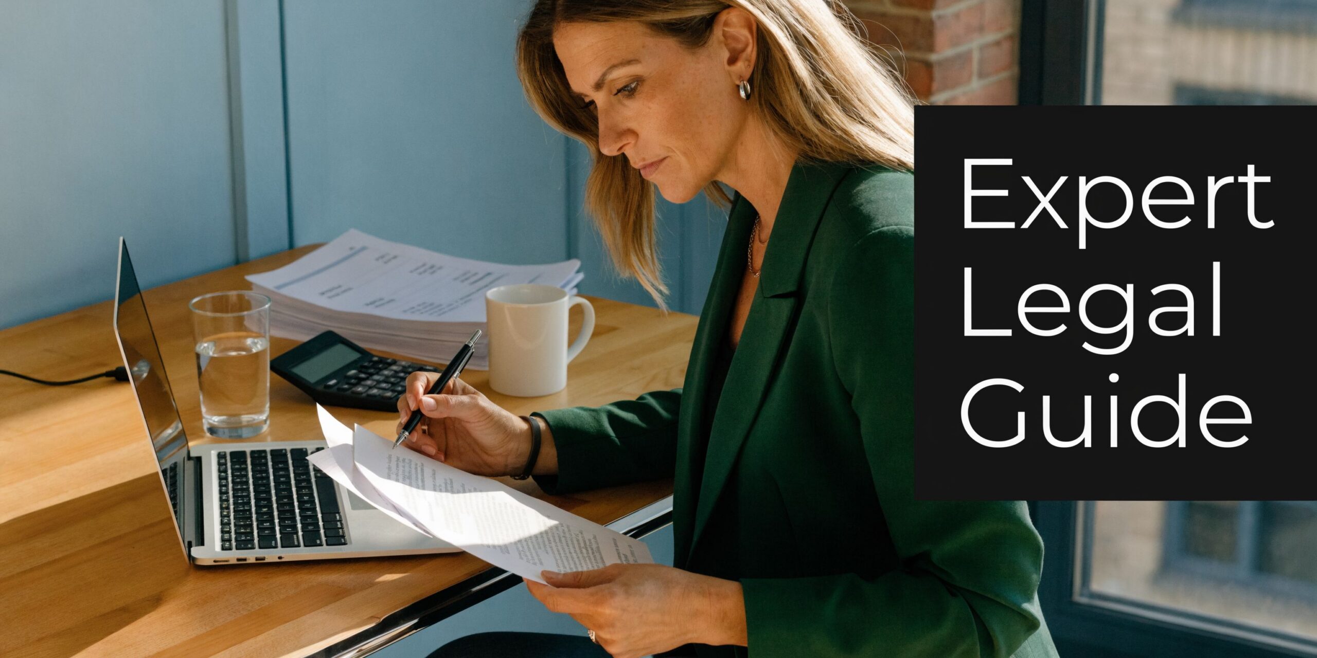 A professional female attorney in a green blazer reviewing legal documents at her desk in an office.