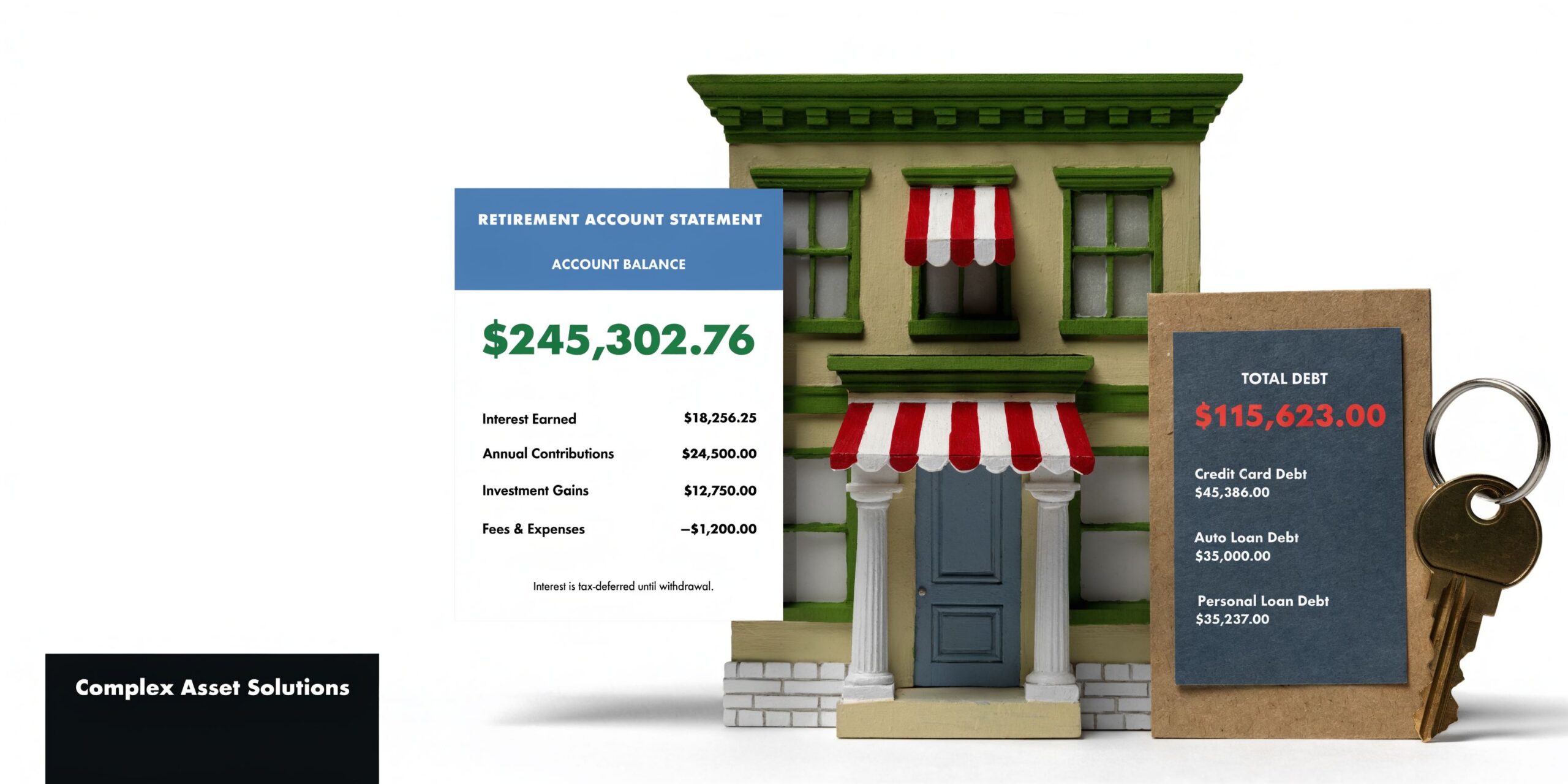 A miniature house sits between a retirement account balance statement and a total debt summary display.