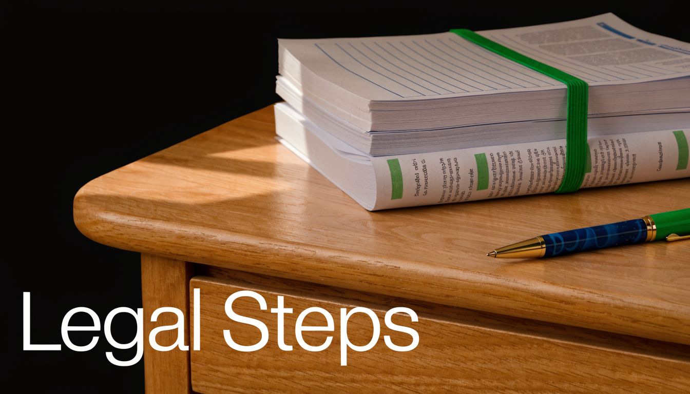A stack of legal documents with a green band on a wooden table beside a pen.