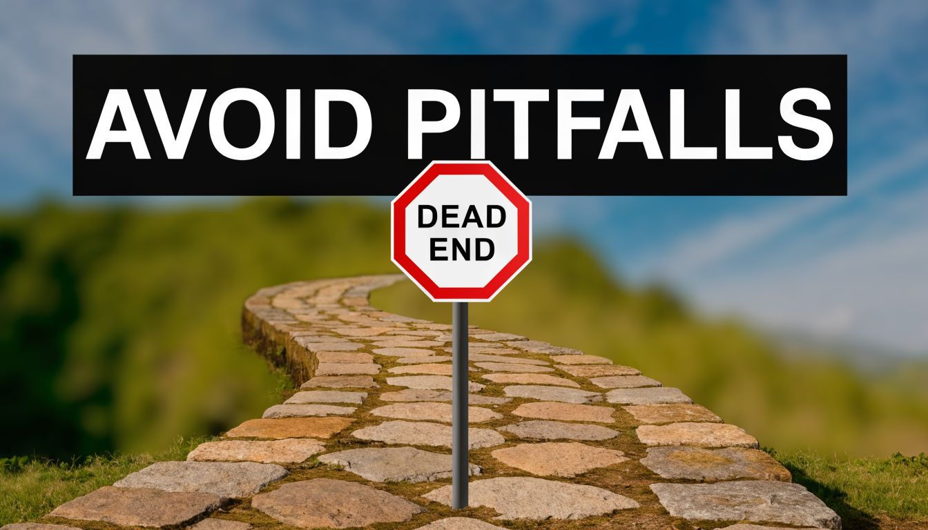 A stone path leading to a dead end sign under a sign that says avoid pitfalls.