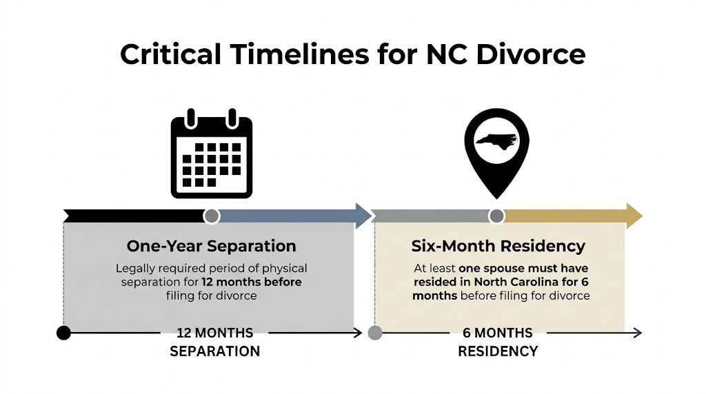 A timeline graphic showing the 12-month separation and 6-month residency requirements for obtaining a divorce in North Carolina.