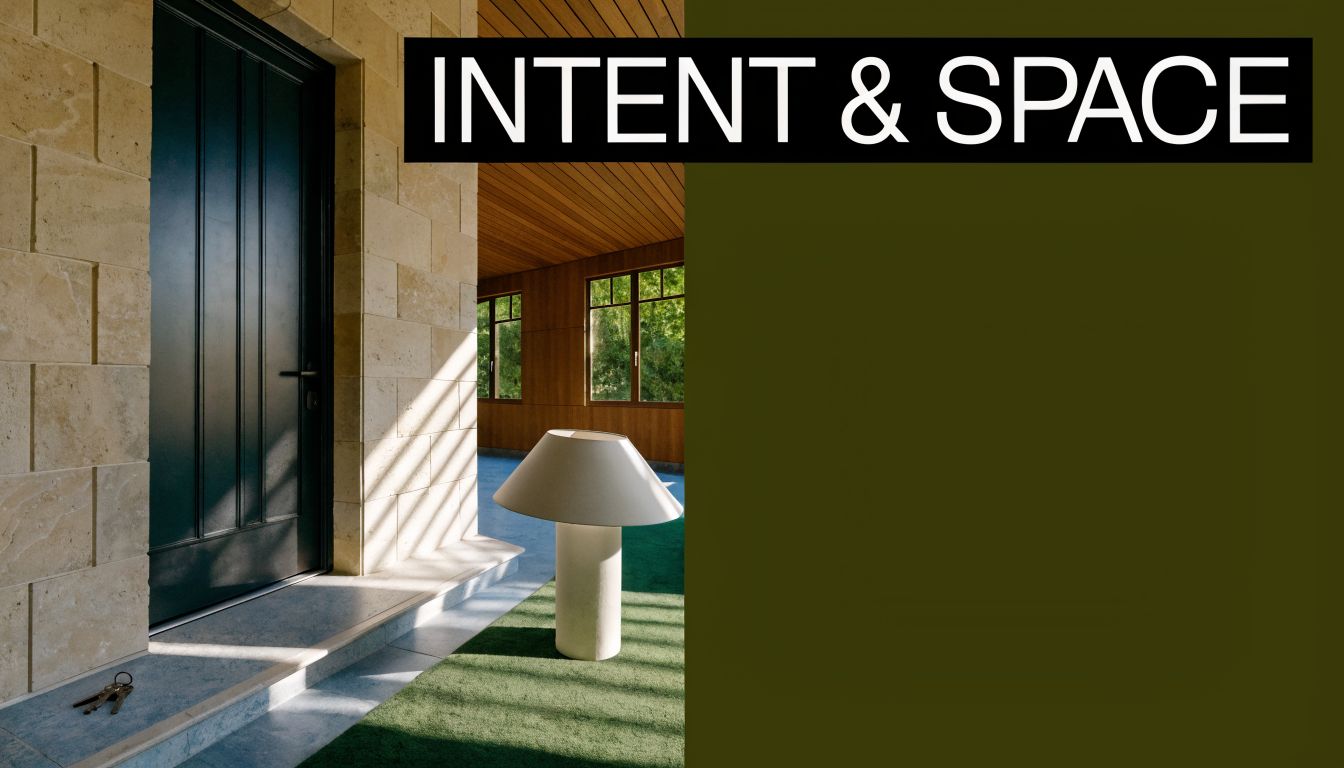 A modern entrance features a dark door next to a minimalist table lamp on green carpet.
