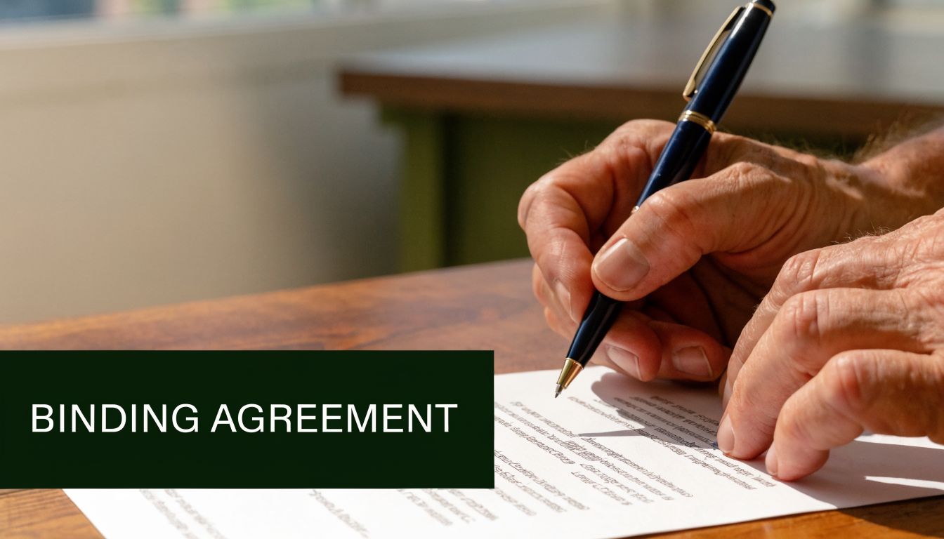 A close-up view of an older person's hands signing a binding legal agreement document with a pen.