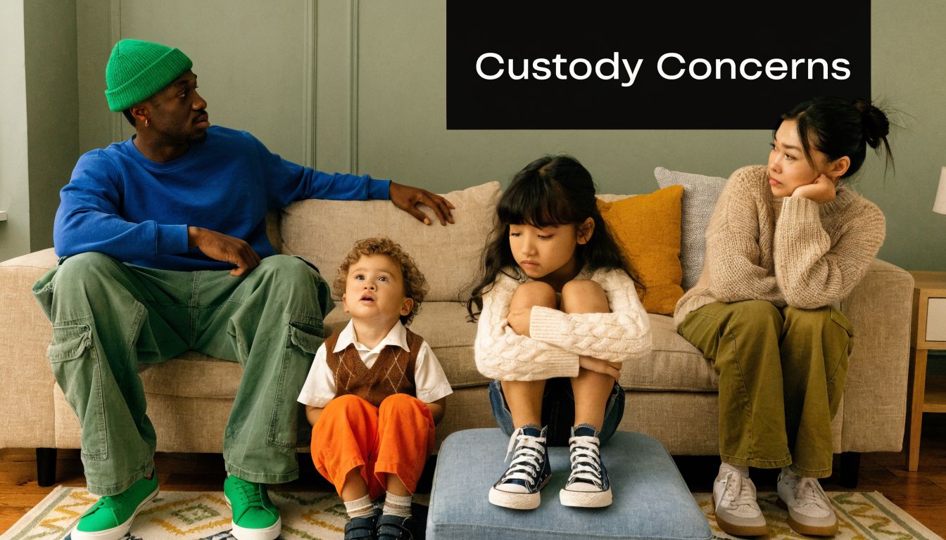 A family sits on a couch in a living room, looking concerned about custody arrangements.