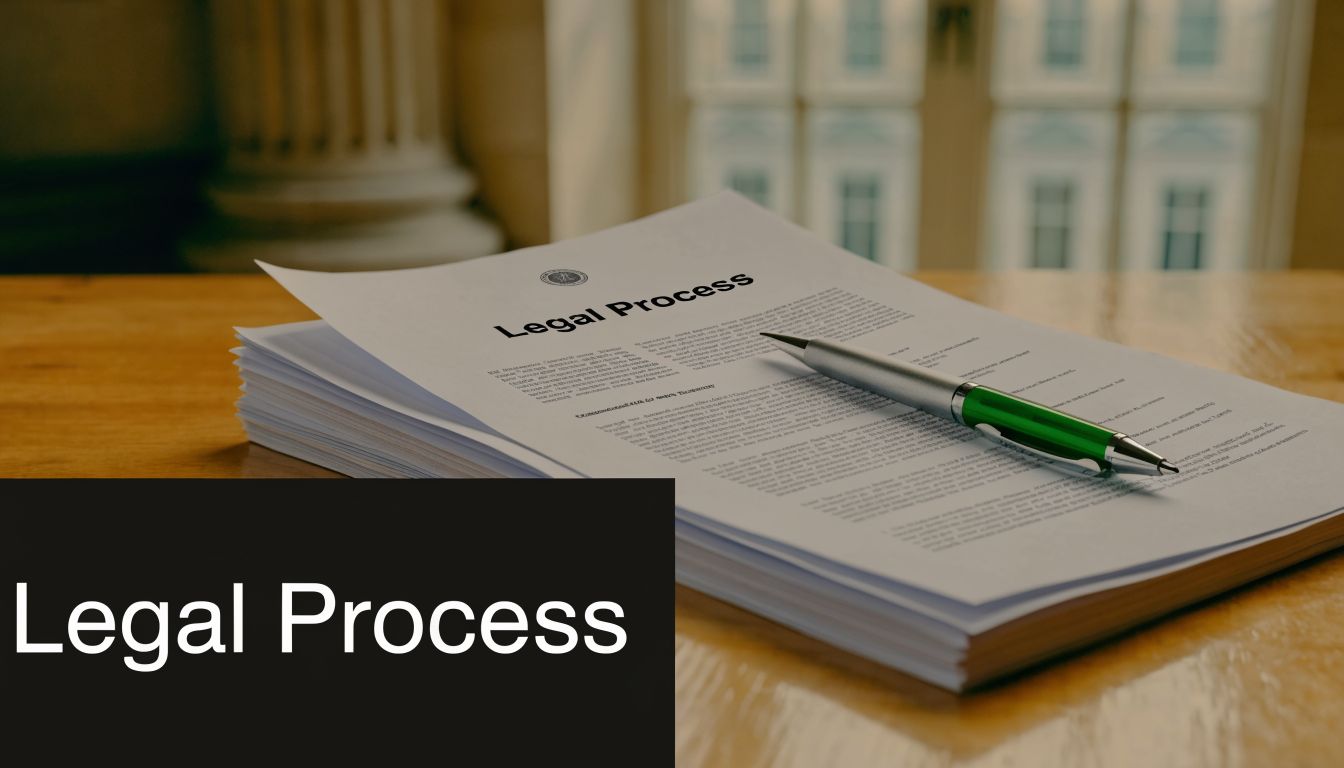 A stack of legal documents titled Legal Process with a green pen resting on top of them.