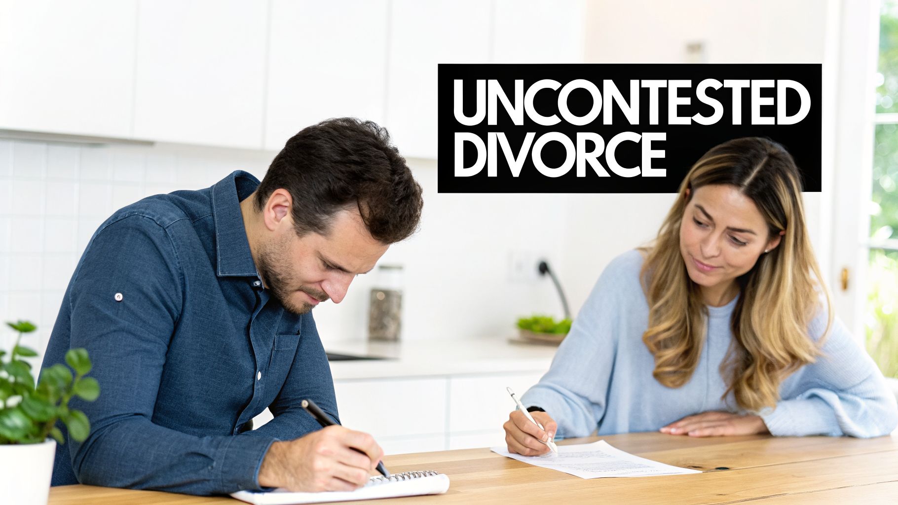 A man and woman signing uncontested divorce papers together at a wooden table.