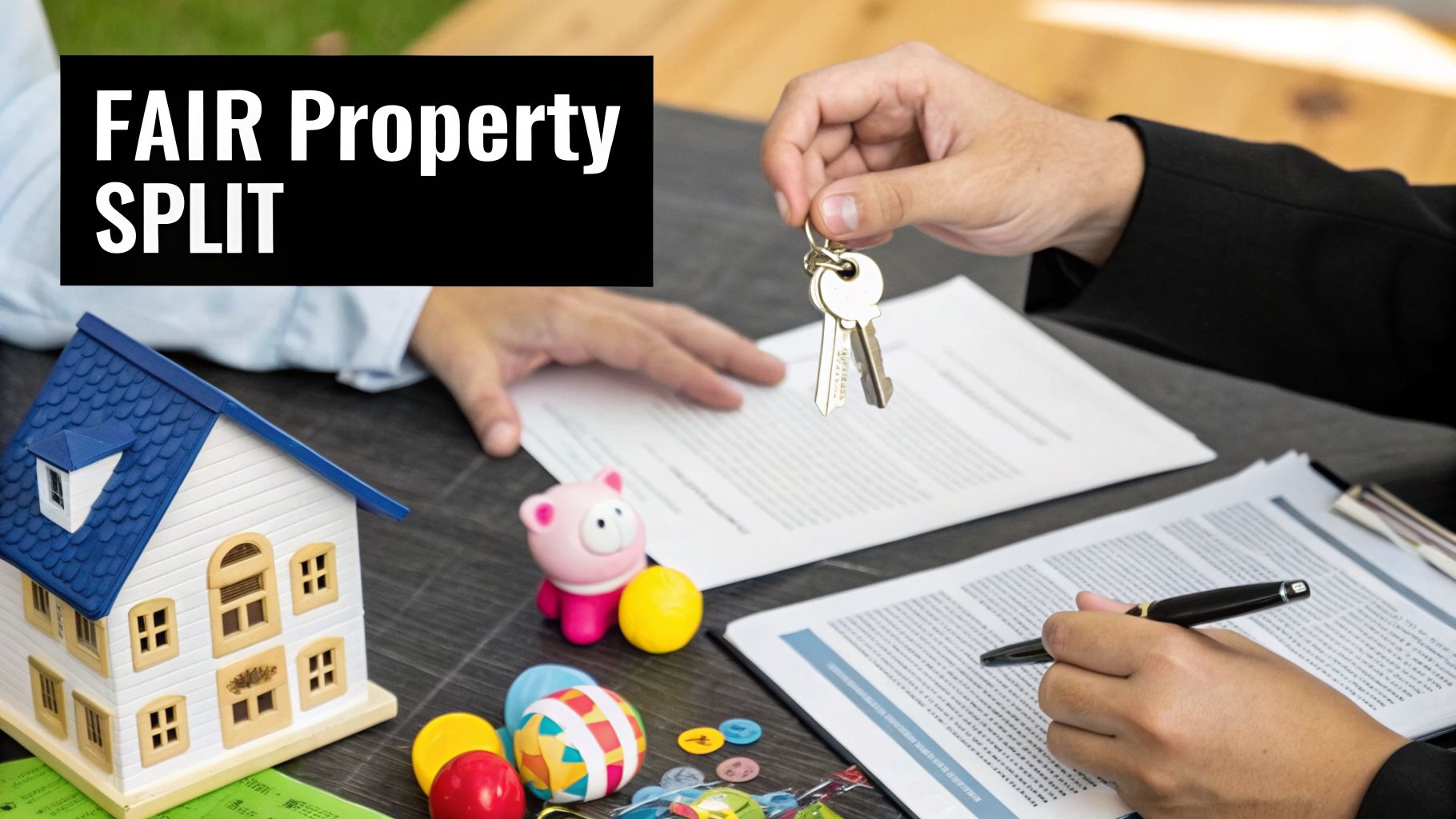 Hands exchanging keys over legal documents and a house model, with 'FAIR Property SPLIT' text.