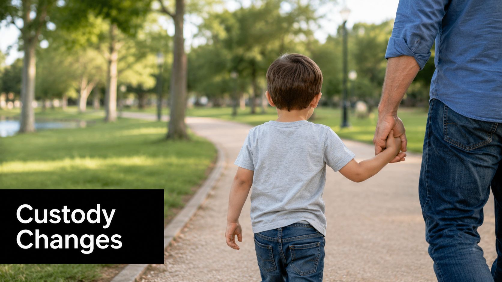 A father walking along a scenic park path while holding his young child's hand securely.