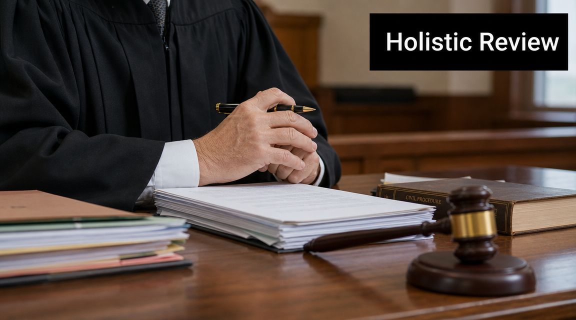 A judge in a black robe holding a pen over legal documents with a gavel on a desk.
