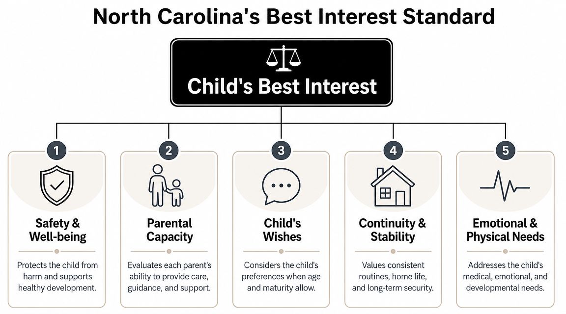 A diagram outlining five key factors used to determine the child's best interest in North Carolina law.