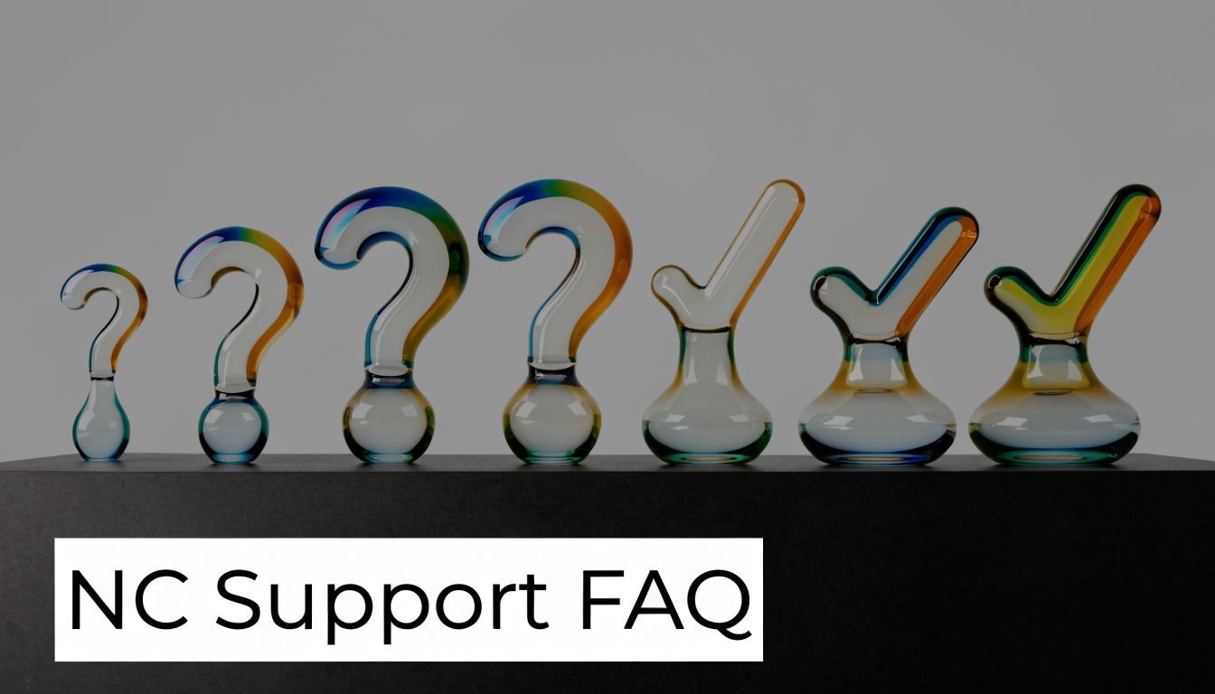 A line of glass question marks transitioning into check marks on a black shelf with NC Support FAQ text.