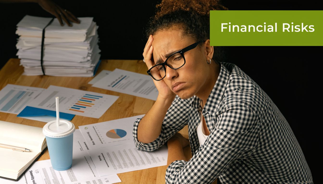 A woman looks stressed while working with many financial documents and reports at her desk.