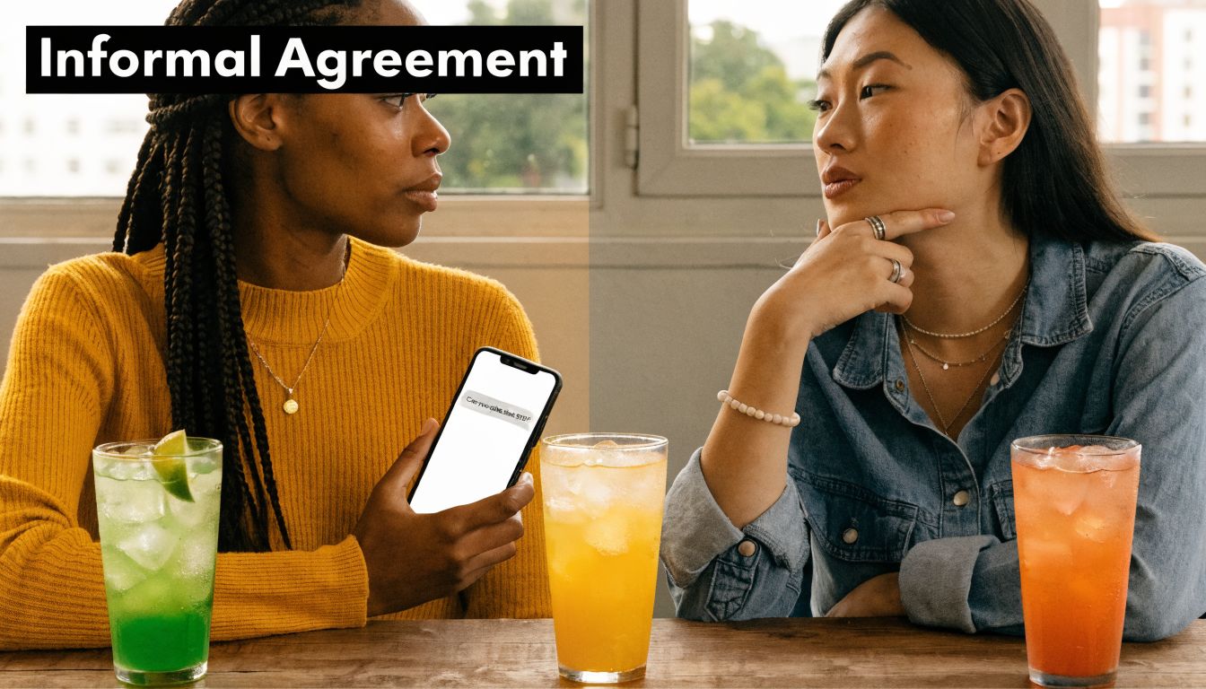 Two women having a conversation while sitting at a table with drinks and holding a smartphone.