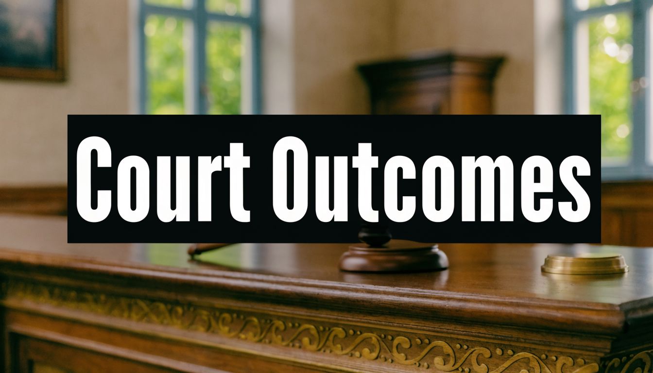 A wooden judge's gavel rests on a courtroom bench beneath the white text Court Outcomes.