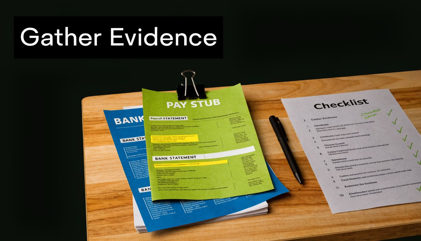 Documents including a pay stub and a checklist on a wooden desk for gathering financial evidence.