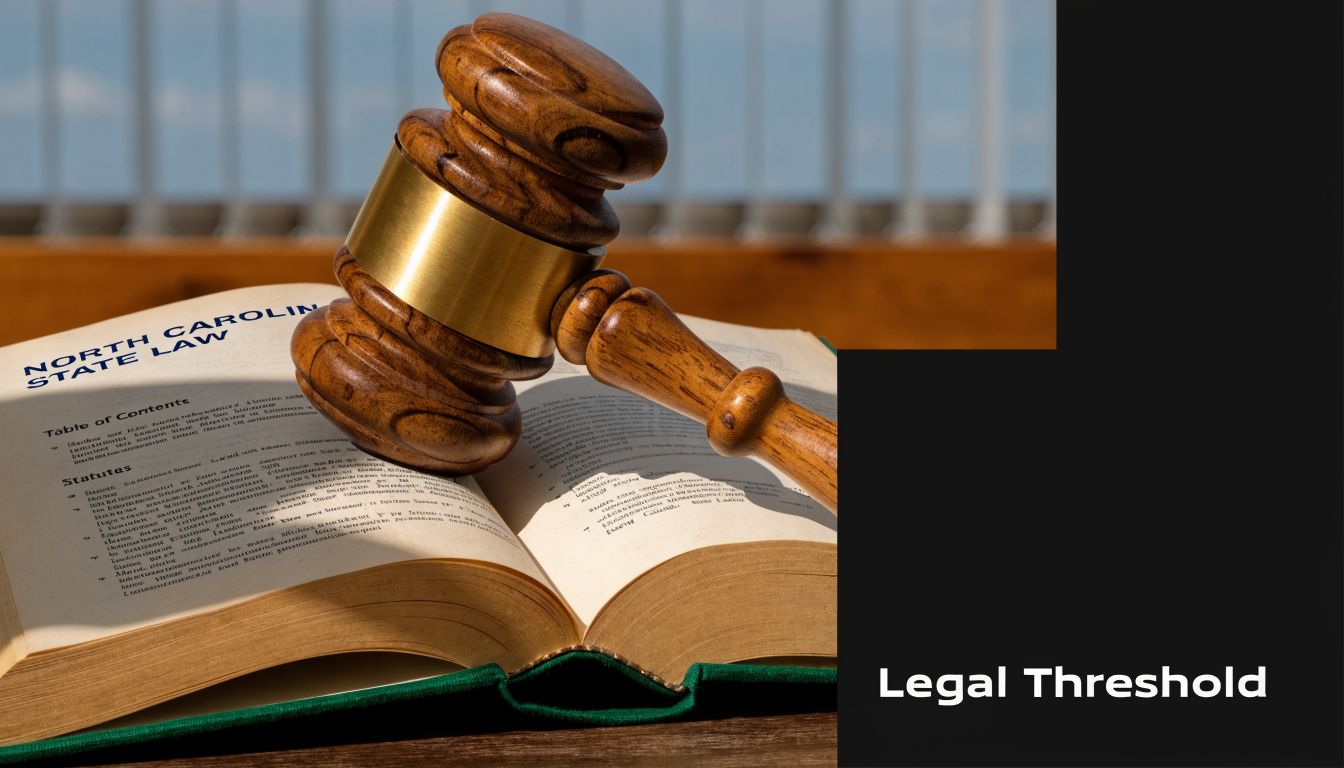 A wooden judge's gavel resting on an open North Carolina state law book on a wooden table.
