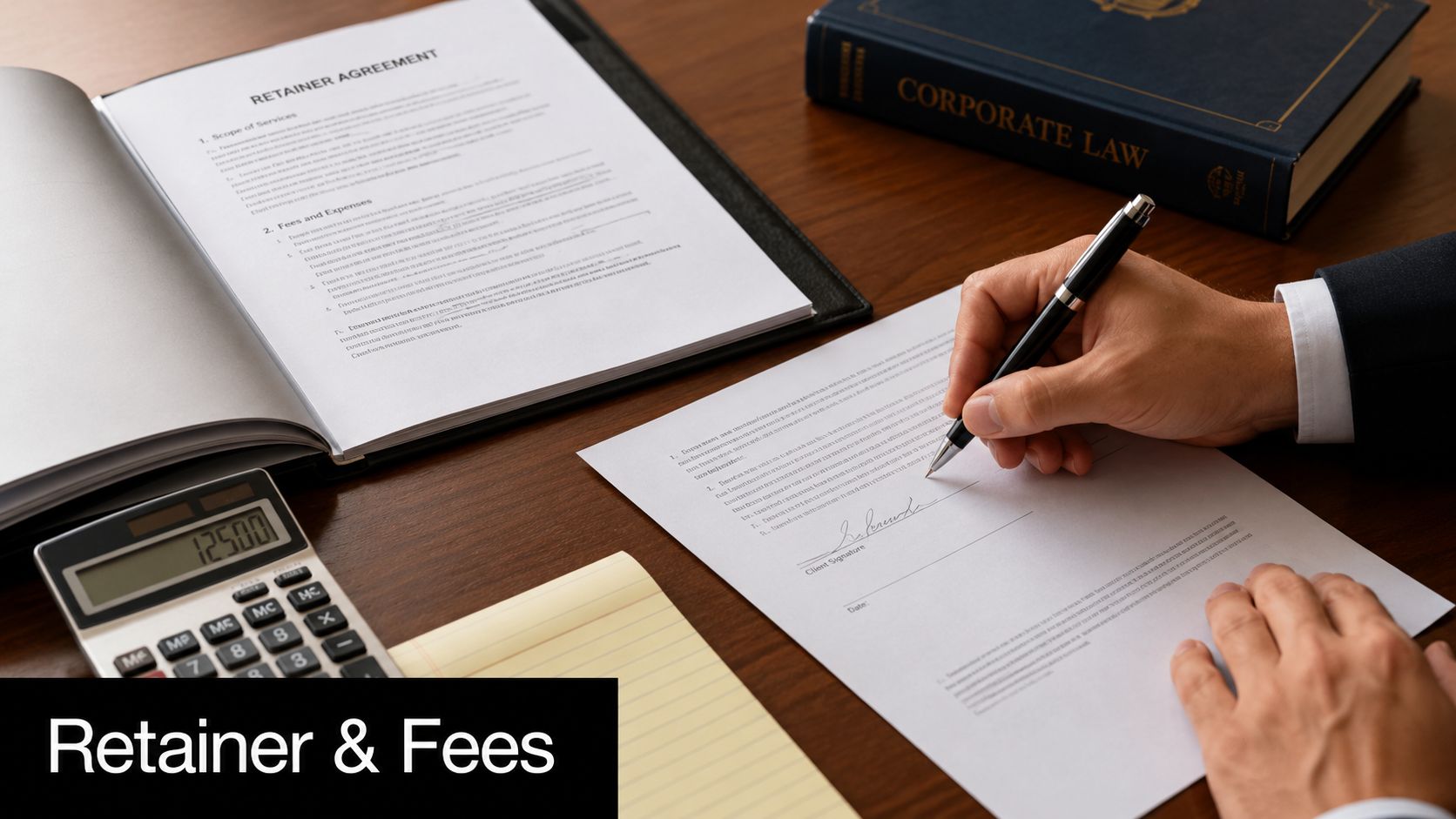 A professional lawyer reviewing and signing a legal retainer agreement next to a calculator and law book.