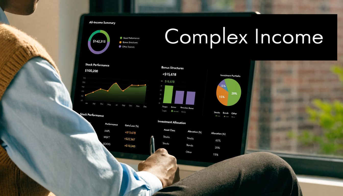 A person analyzing complex financial income and investment portfolio performance charts displayed on a computer screen.