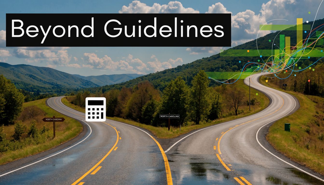 A scenic road diverging into two paths in North Carolina with an overlaid calculator icon.