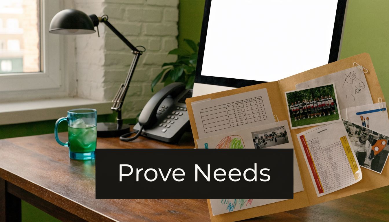 A modern desk workspace with a computer monitor, telephone, iced drink, and a folder of documents.
