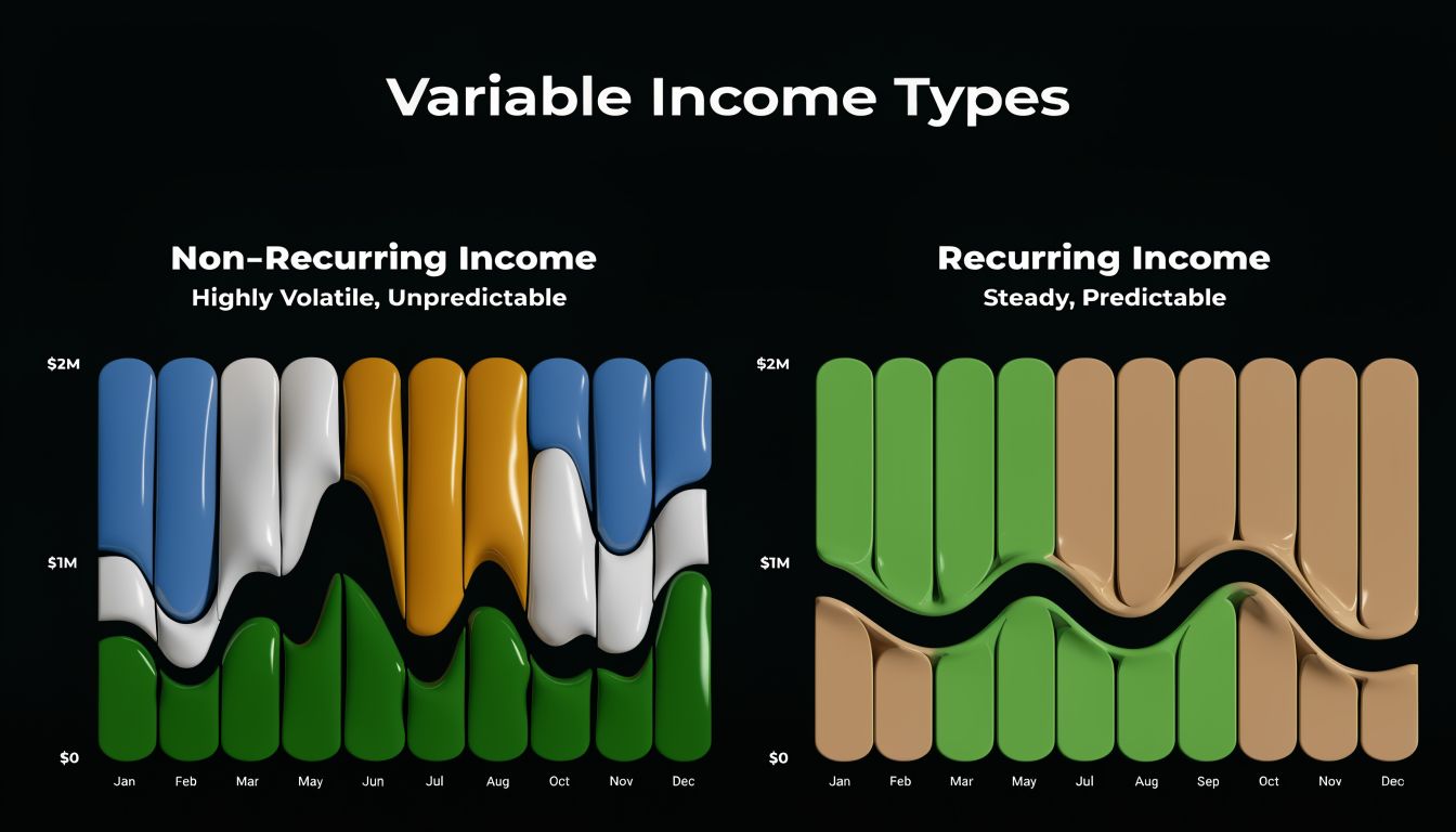A comparison chart showing volatile non-recurring income versus steady, predictable recurring income over twelve months.