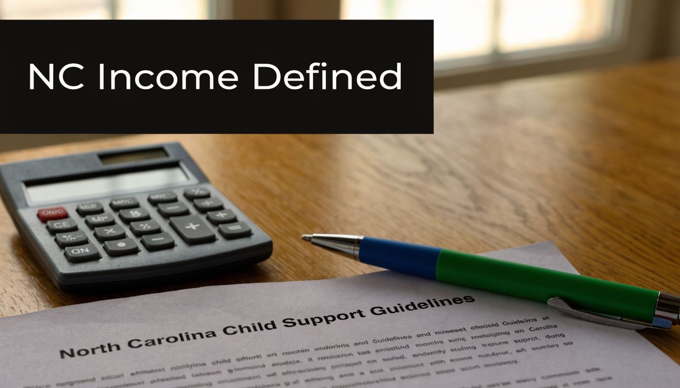 A calculator and pen sit on top of North Carolina child support guideline documents on a desk.