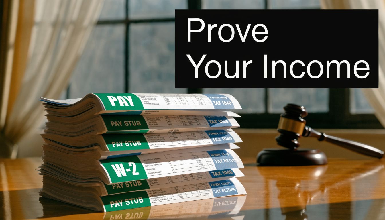 A stack of pay stubs and tax documents sits on a desk next to a judge's gavel.