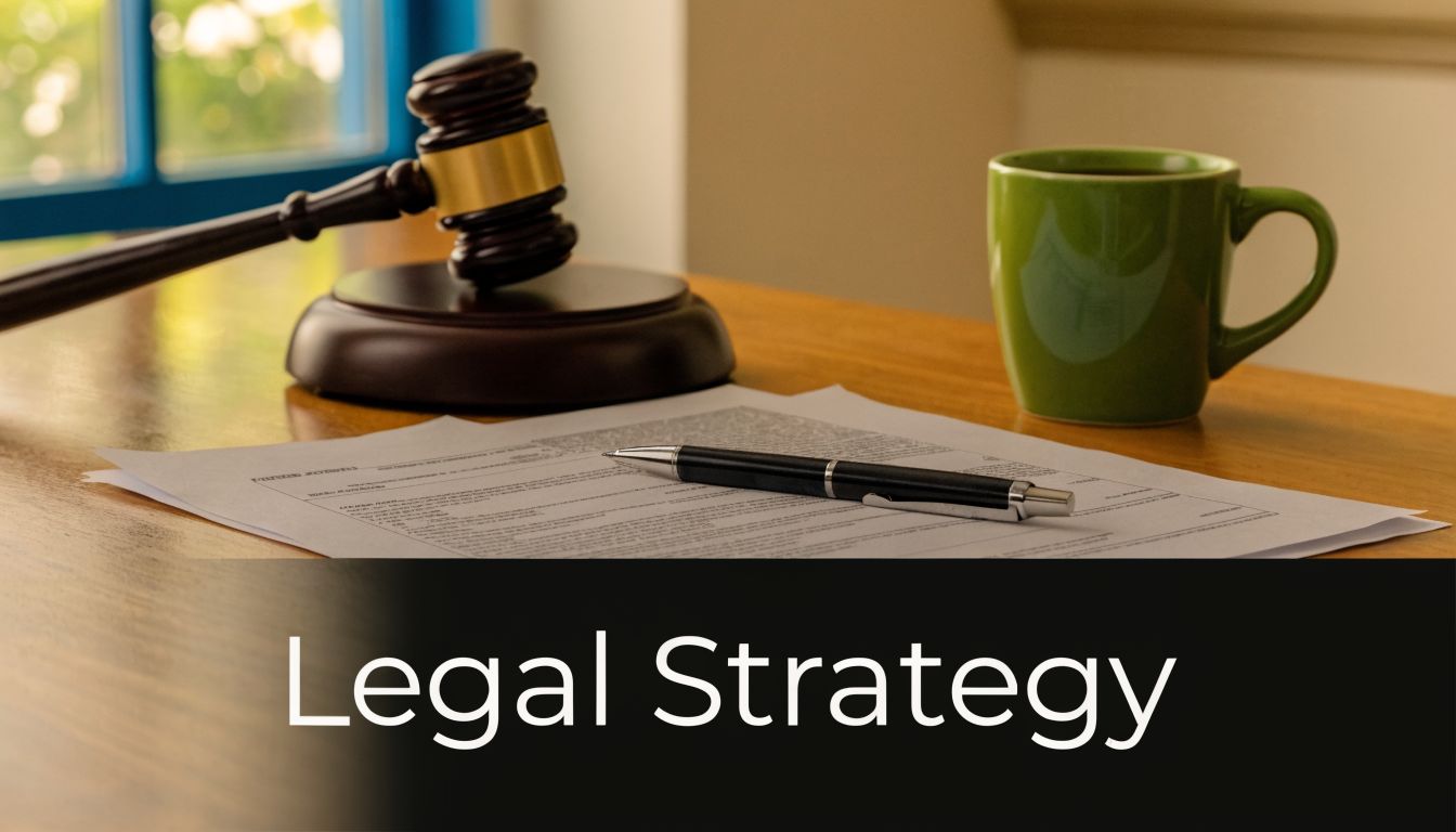 A wooden gavel resting next to a pen on legal documents and a green mug on a desk.