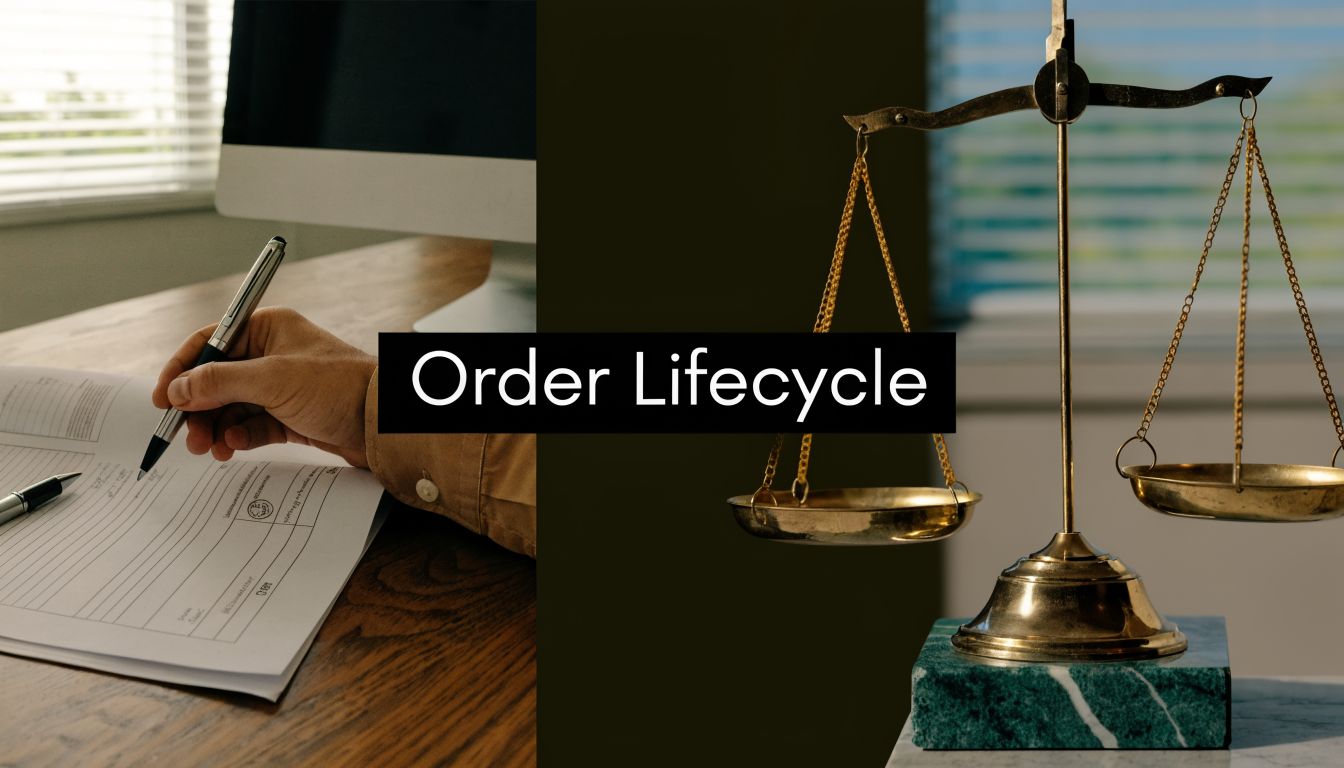 A person signs a document next to a scale of justice, representing the order lifecycle process.