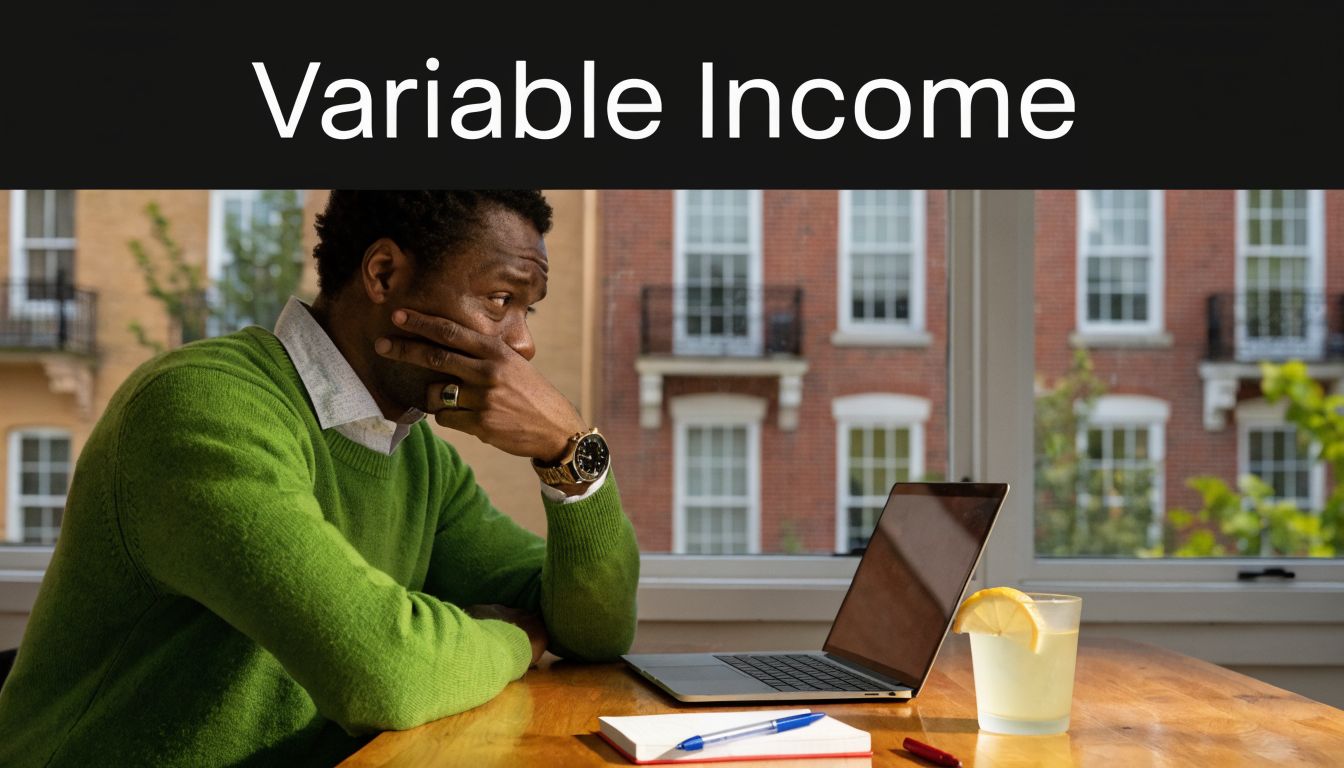 A man in a green sweater looks stressed while working on his laptop at a wooden table.